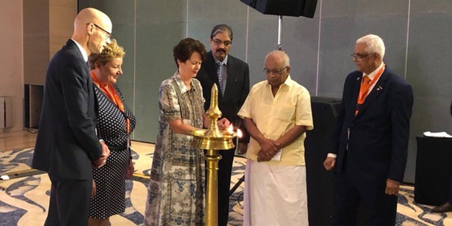Blog from Lies Janssen. Lighting the lamp. From left to right: Mr. Henk Ovink, Special Envoy for International Water Affairs; Ms. Brigit Gijsbers, Deputy Director-General Maritime Affairs; Ms. Hanneke Schuiling, Director General for Foreign Economic Relations; Dr Vishwas Mehta IAS, Additional Chief Secretary, Government of Kerala; Shri K. Krishnankutty, Minister for Water Resources of Kerala; and Mr. Vijay, moderator. 