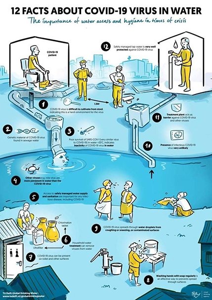 Poster by TU Delft illustrating 12 facts about the Covid-19 virus in water.