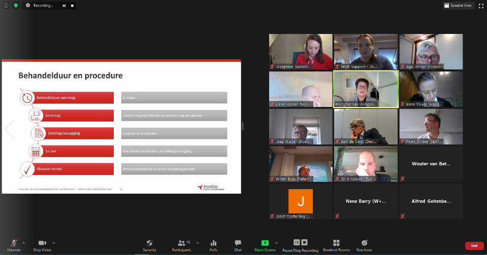 A select group of Dutch water sector organisations attend a knowledge session about export finance options for Small and Medium Sized Enterprises, organised by NWP and Atradius Dutch State Business. November, 2020.