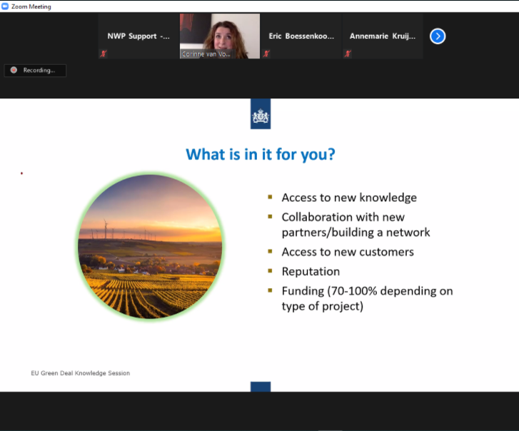 NWP members attend a knowledge session on the opportunities for the Dutch water sector within the EU Green Deal Call. The session was organised by NWP, and included presentations from Bureau Brussel, RVO and PNO. October, 2020.
