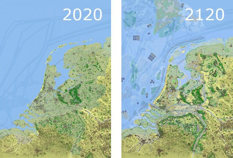 Map showing the Netherlands in 2020 and 2120 © WUR