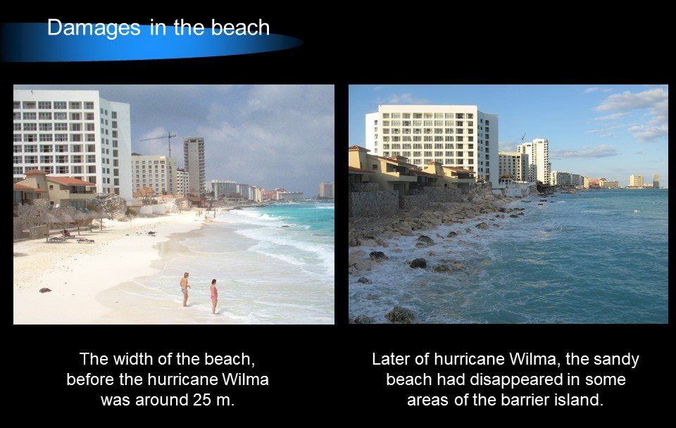 Photo of the beach in Cancun before and after the hurricane Wilma.
