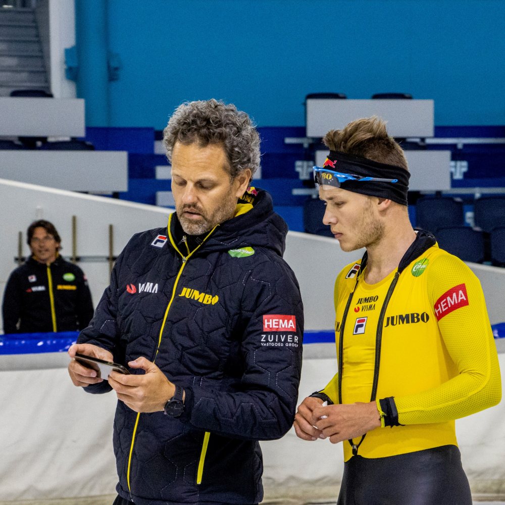 Alex Velzeboer at his day job as a speed skating coach with Marcel Bosker