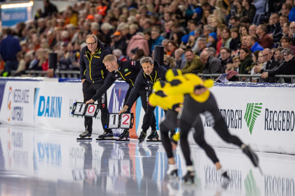 Alex Velzeboer at his day job as a speed skating coach