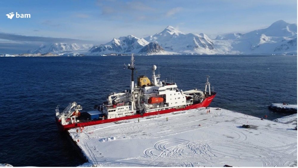 The RRS James Clark Ross at the new wharf at Rothera Research Station 2021