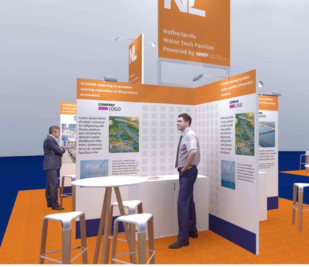 Visual of 9 square metre stand design at Netherlands Pavilion Aquatech Amsterdam 2023