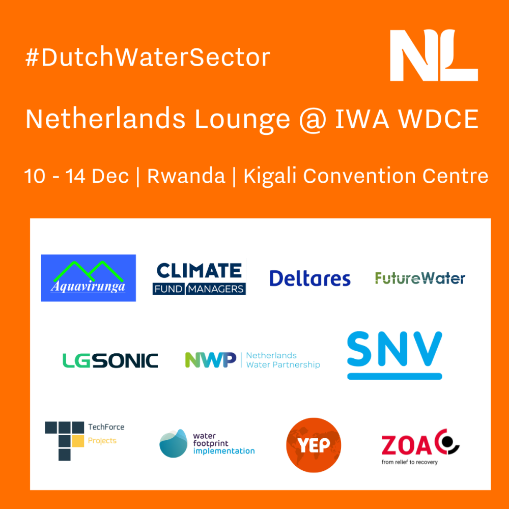 Banner with logos of Dutch organisations participating in the Netherlands Lounge at IWA Water and Development Congress and Exhibition 2023