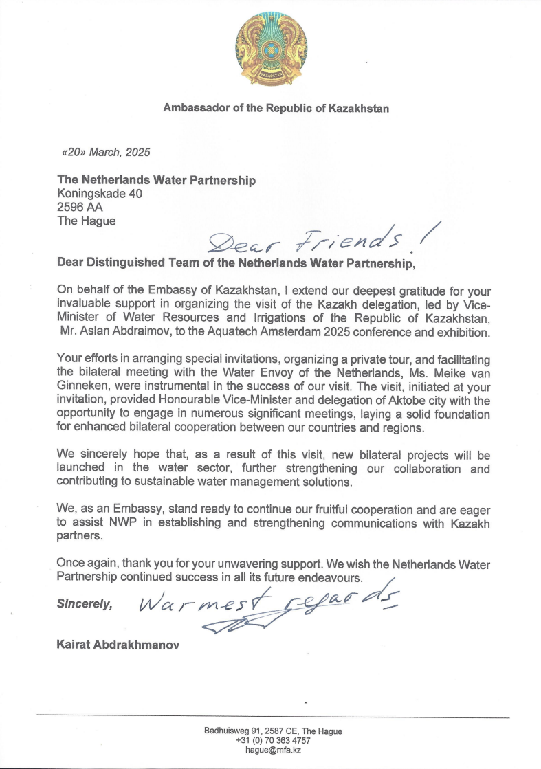 Letter of Appreciation from Kazakhstan delegation visiting AquatechAmsterdam 2025