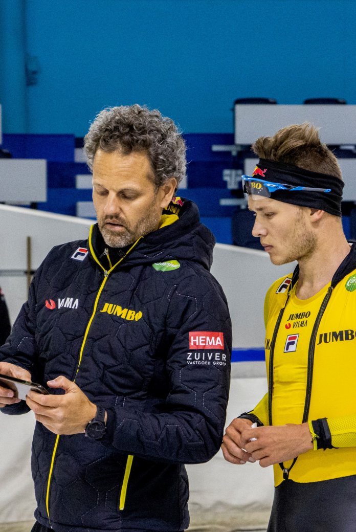 Alex Velzeboer at his day job as a speed skating coach with Marcel Bosker