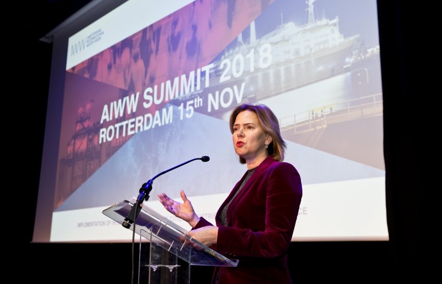 Cora van Nieuwenhuizen, Minister of Infrastructure and Water Management, gives a keynote at the AIWW Summit 2018 in Rotterdam.