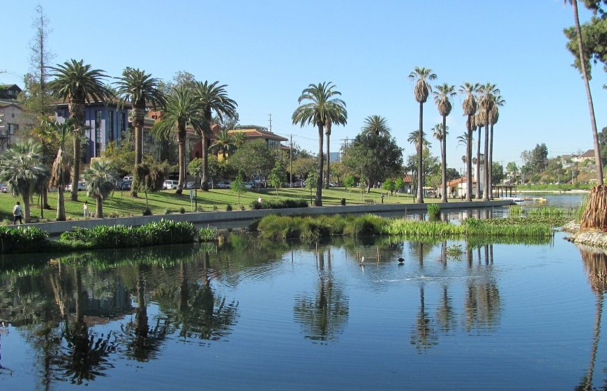 Photo of Echo Park in Los Angeles, which also functions as a water basin.