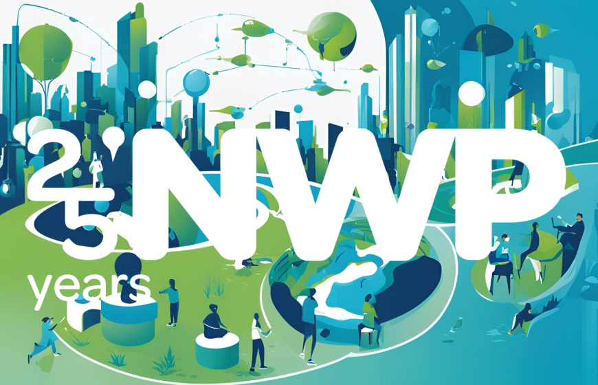 Campaign image of 25th anniversary of NWP with cropped logo in blue and green
