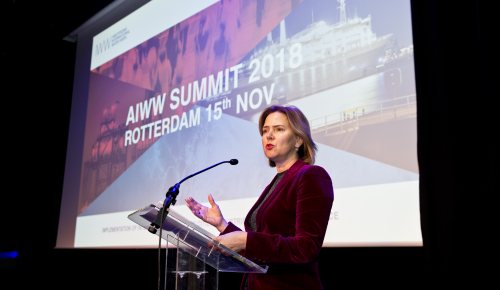 Cora van Nieuwenhuizen, Minister of Infrastructure and Water Management, gives a keynote at the AIWW Summit 2018 in Rotterdam.