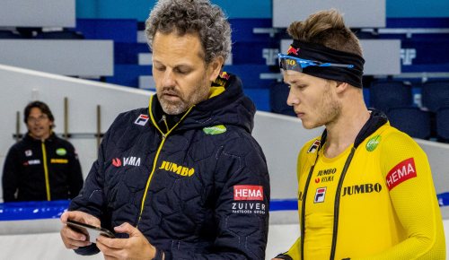 Alex Velzeboer at his day job as a speed skating coach with Marcel Bosker