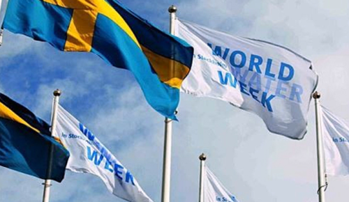 Flags of Sweden and Stockholm World Water Week on flagpoles waving in the wind against the backdrop of a blue sky